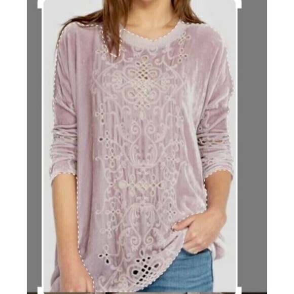 Johnny Was Inessa Velvet Box Top Medium Pink Long Sleeve Eyelets Round Neck Boho - Picture 1 of 9